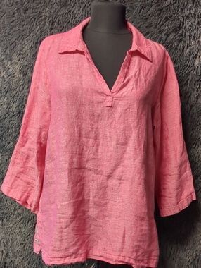 Tahari Pink Linen V-Neck Tunic